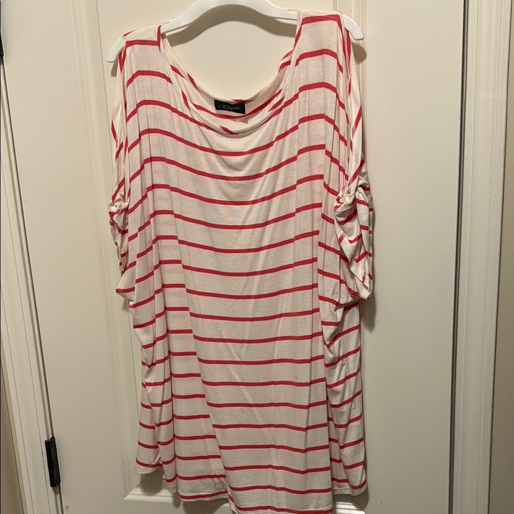 Colette Malouf Red and White Ruched Tunic Tee